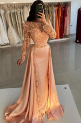 Glamorous Mermaid Orange Crew Long Sleeves Lace Floor-Length Detachable Panel Train Satin Prom Evening Dresses